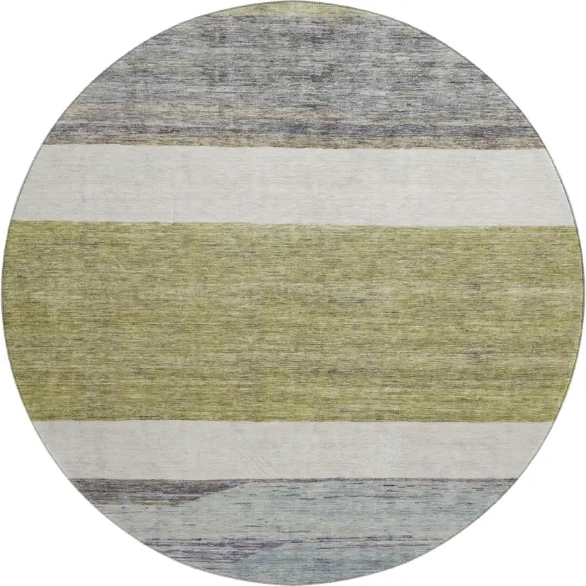 8' Artichoke Green Ivory And Gray Striped Washable Round Rug With UV Protection Photo 1