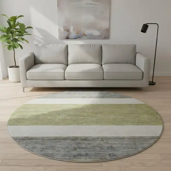 8' Artichoke Green Ivory And Gray Striped Washable Round Rug With UV Protection Photo 2