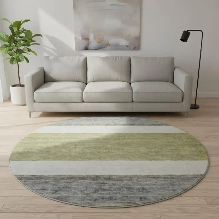 8' Artichoke Green Ivory And Gray Striped Washable Round Rug With UV Protection Photo 2
