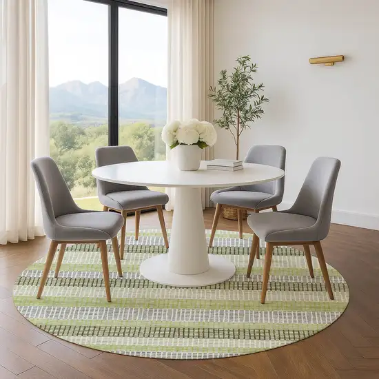 8' Artichoke Green Ivory And Gray Striped Washable Round Rug With UV Protection Photo 5