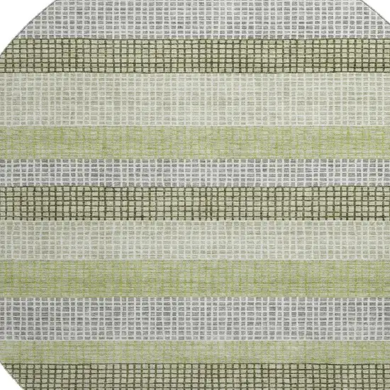 8' Artichoke Green Ivory And Gray Striped Washable Round Rug With UV Protection Photo 3