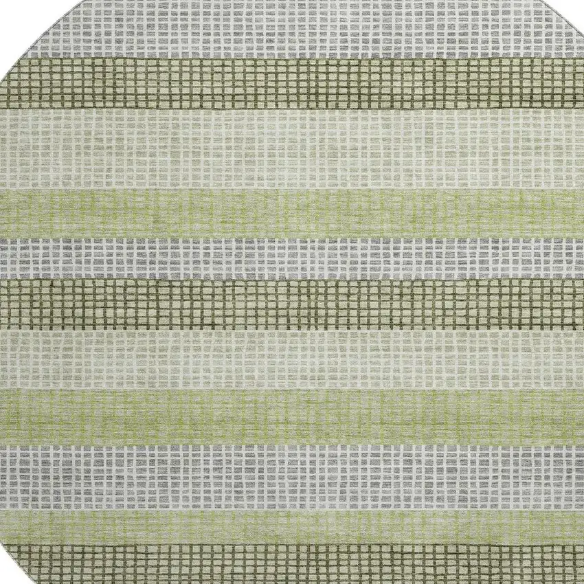 8' Artichoke Green Ivory And Gray Striped Washable Round Rug With UV Protection Photo 3