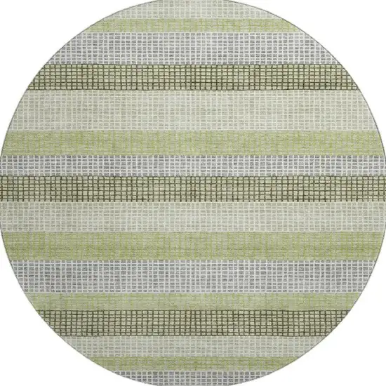 8' Artichoke Green Ivory And Gray Striped Washable Round Rug With UV Protection Photo 4