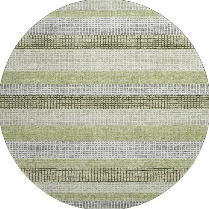 8' Artichoke Green Ivory And Gray Striped Washable Round Rug With UV Protection Photo 4