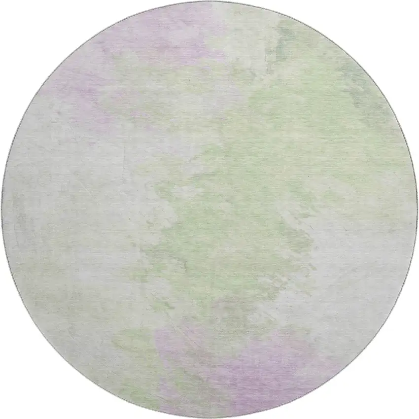 8' Artichoke Green Ivory And Lavender Abstract Washable Round Rug With UV Protection Photo 1