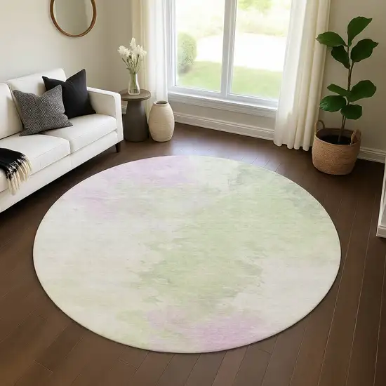 8' Artichoke Green Ivory And Lavender Abstract Washable Round Rug With UV Protection Photo 4