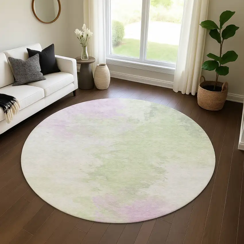 8' Artichoke Green Ivory And Lavender Abstract Washable Round Rug With UV Protection Photo 4