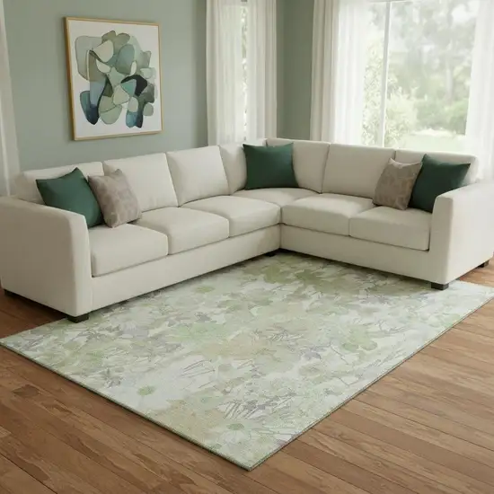 8' Artichoke Green Ivory And Lavender Floral Washable Area Rug With UV Protection Photo 2