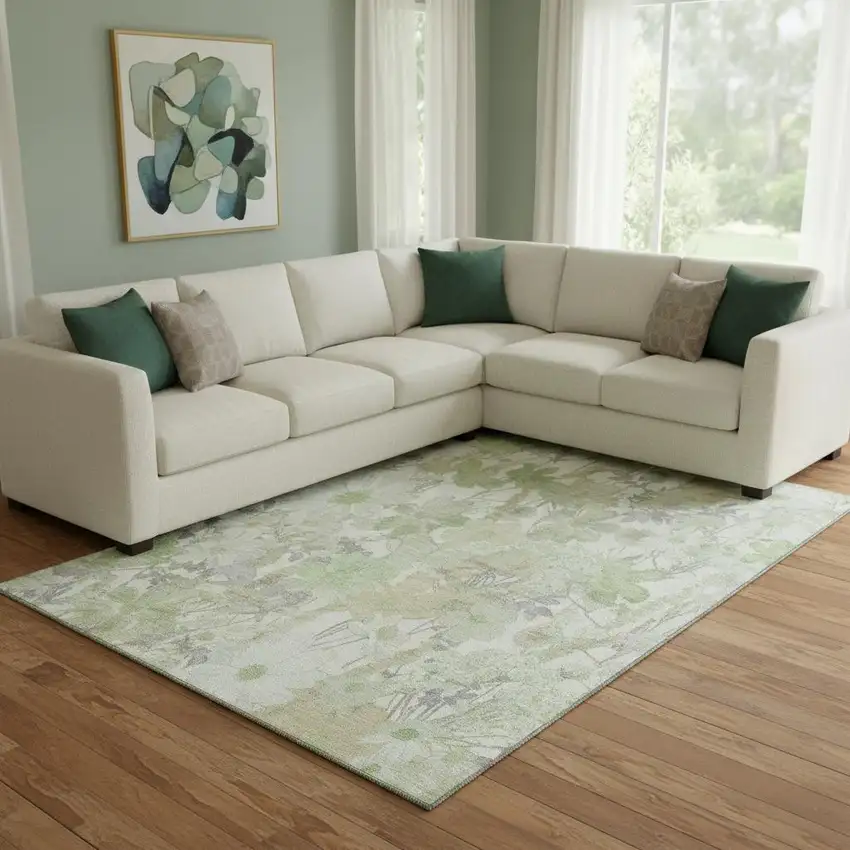 8' Artichoke Green Ivory And Lavender Floral Washable Area Rug With UV Protection Photo 2