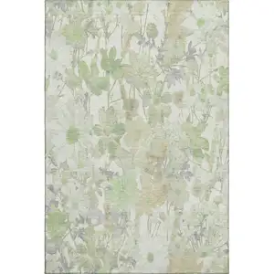 Photo of 8' Artichoke Green Ivory And Lavender Floral Washable Area Rug With UV Protection