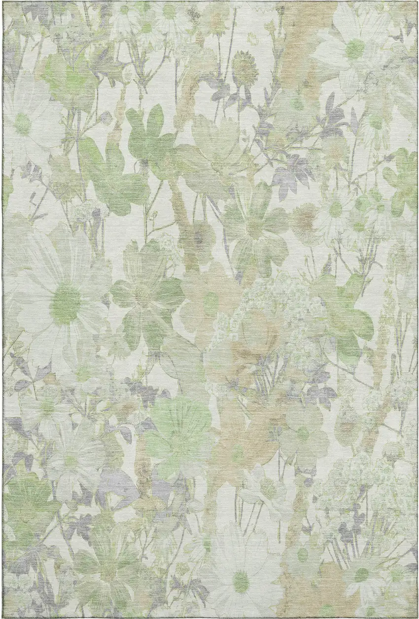 8' Artichoke Green Ivory And Lavender Floral Washable Area Rug With UV Protection Photo 1