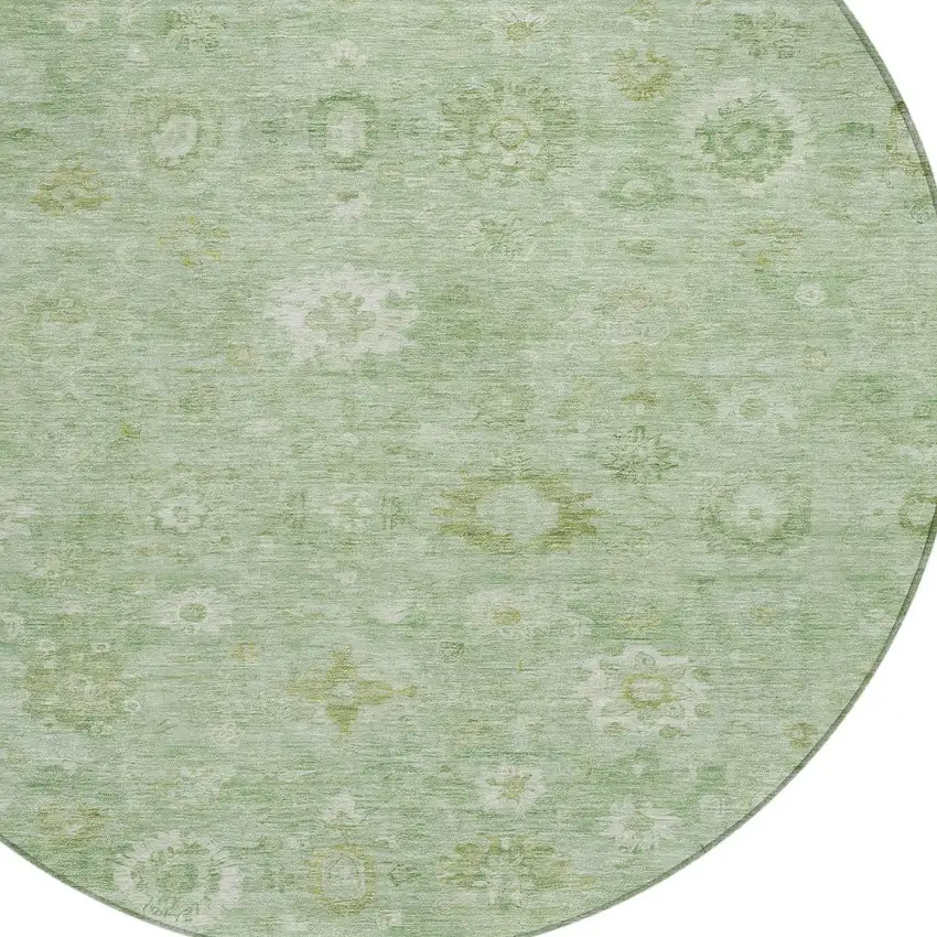 8' Artichoke Green Ivory And Mint Green Round Damask Washable Indoor Outdoor Area Rug Photo 8