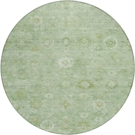 8' Artichoke Green Ivory And Mint Green Round Damask Washable Indoor Outdoor Area Rug Photo 1