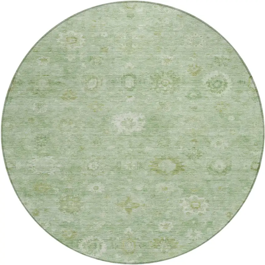 8' Artichoke Green Ivory And Mint Green Round Damask Washable Indoor Outdoor Area Rug Photo 1
