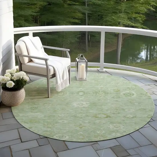 8' Artichoke Green Ivory And Mint Green Round Damask Washable Indoor Outdoor Area Rug Photo 5