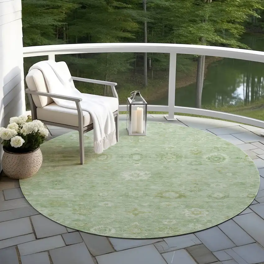 8' Artichoke Green Ivory And Mint Green Round Damask Washable Indoor Outdoor Area Rug Photo 5