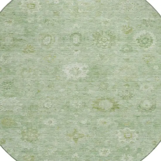 8' Artichoke Green Ivory And Mint Green Round Damask Washable Indoor Outdoor Area Rug Photo 4