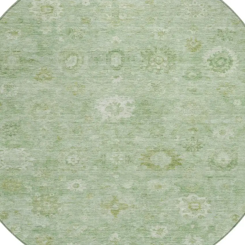 8' Artichoke Green Ivory And Mint Green Round Damask Washable Indoor Outdoor Area Rug Photo 4