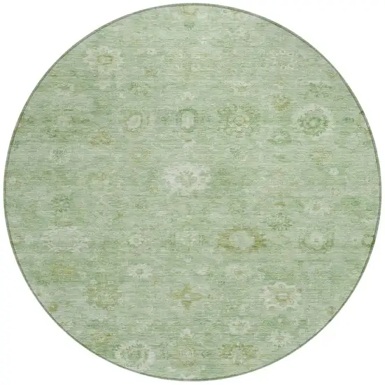 8' Artichoke Green Ivory And Mint Green Round Damask Washable Indoor Outdoor Area Rug Photo 3