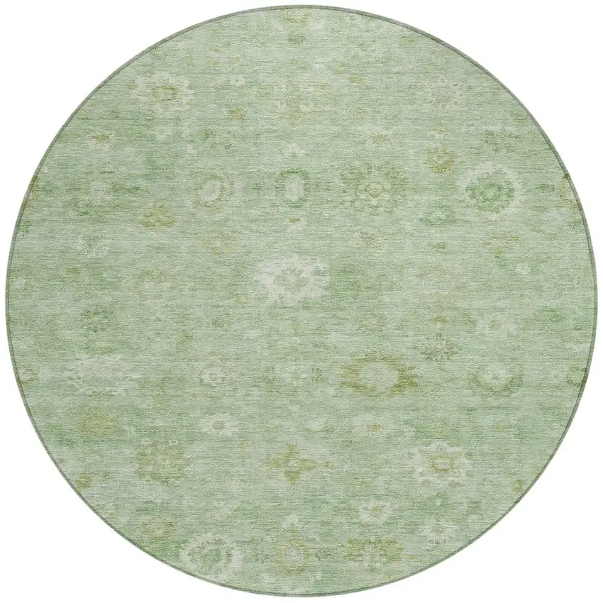 8' Artichoke Green Ivory And Mint Green Round Damask Washable Indoor Outdoor Area Rug Photo 3