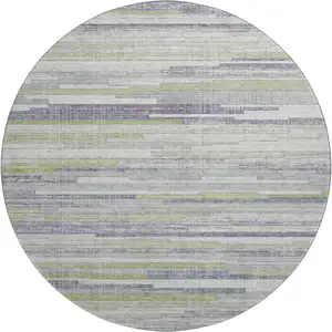 Photo of 8' Artichoke Green Ivory And Plum Striped Washable Round Rug With UV Protection