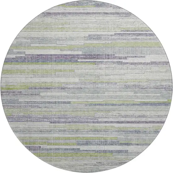 8' Artichoke Green Ivory And Plum Striped Washable Round Rug With UV Protection Photo 1