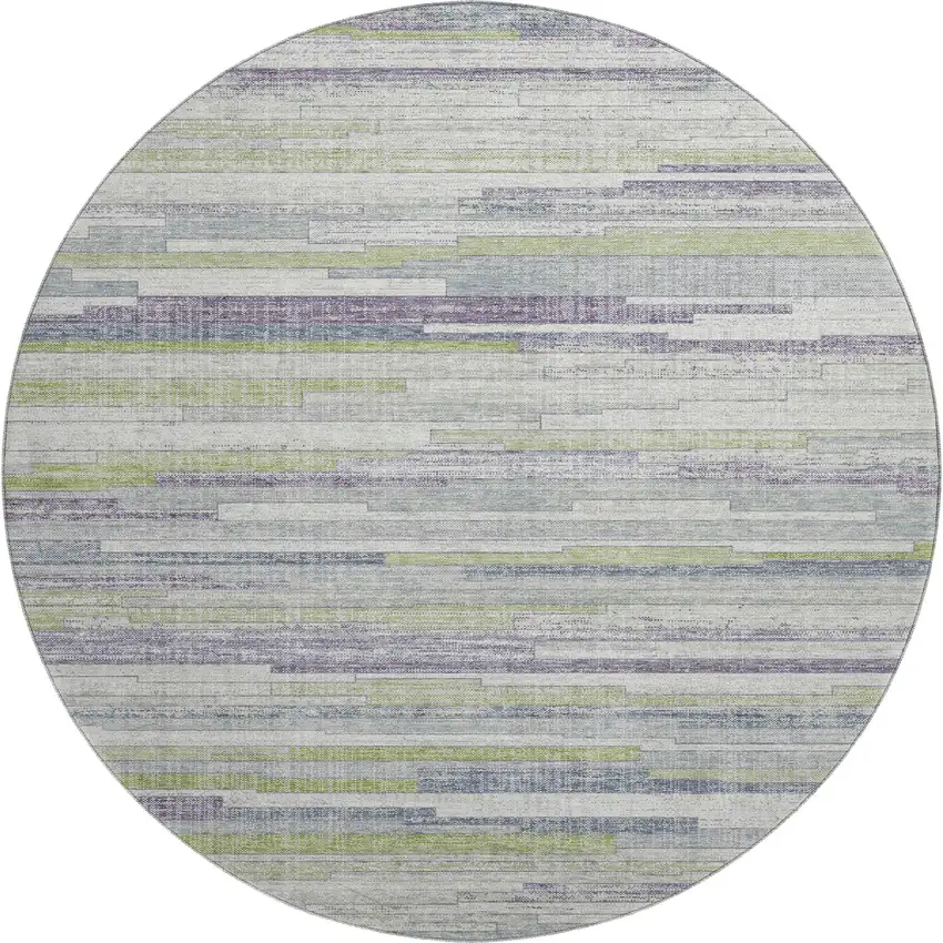 8' Artichoke Green Ivory And Plum Striped Washable Round Rug With UV Protection Photo 1