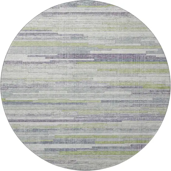 8' Artichoke Green Ivory And Plum Striped Washable Round Rug With UV Protection Photo 4