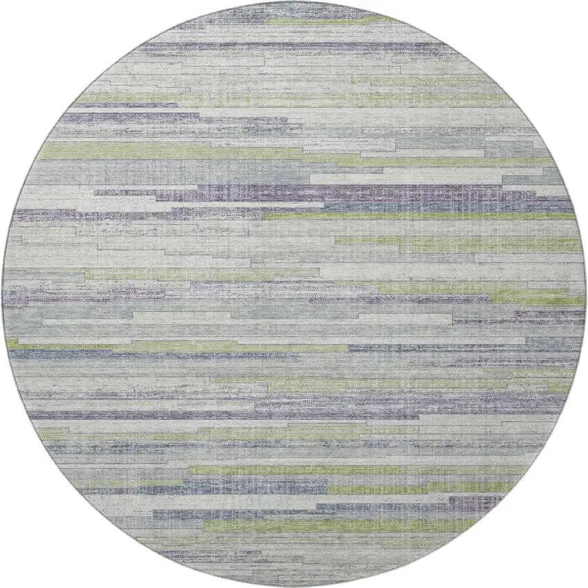 8' Artichoke Green Ivory And Plum Striped Washable Round Rug With UV Protection Photo 4
