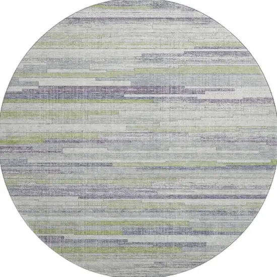 8' Artichoke Green Ivory And Plum Striped Washable Round Rug With UV Protection Photo 3