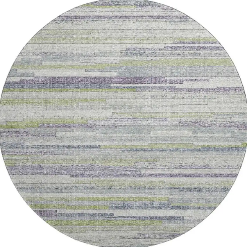 8' Artichoke Green Ivory And Plum Striped Washable Round Rug With UV Protection Photo 3