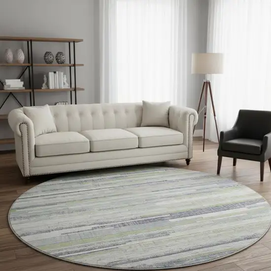 8' Artichoke Green Ivory And Plum Striped Washable Round Rug With UV Protection Photo 2