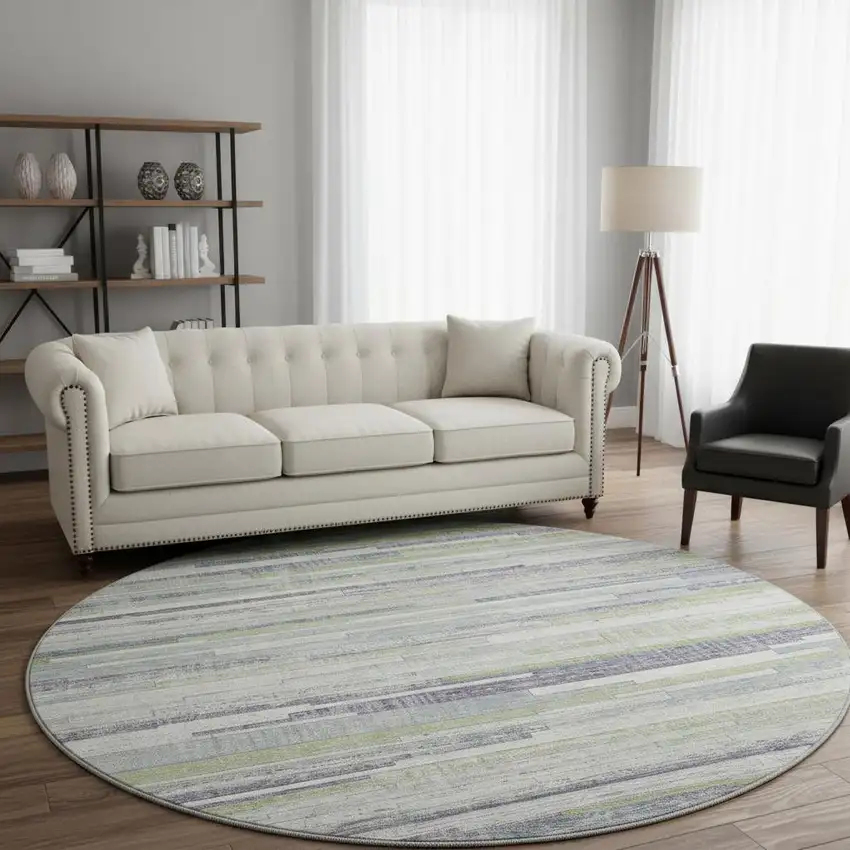 8' Artichoke Green Ivory And Plum Striped Washable Round Rug With UV Protection Photo 2