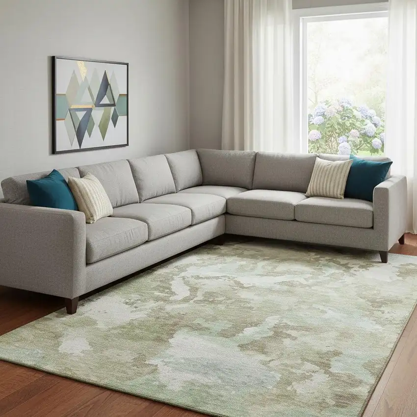 8' Artichoke Green Ivory And Sage Abstract Washable Area Rug With UV Protection Photo 2