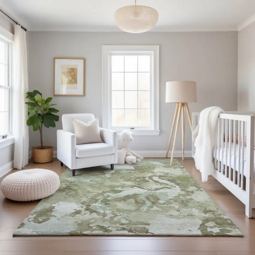 8' Artichoke Green Ivory And Sage Abstract Washable Area Rug With UV Protection Photo 5