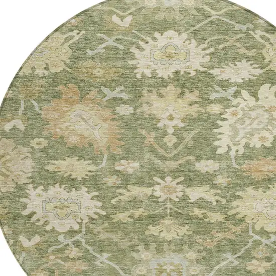 8' Artichoke Green Ivory And Tan Round Floral Washable Indoor Outdoor Area Rug Photo 6