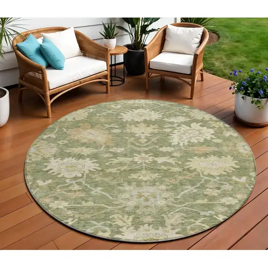 8' Artichoke Green Ivory And Tan Round Floral Washable Indoor Outdoor Area Rug Photo 1