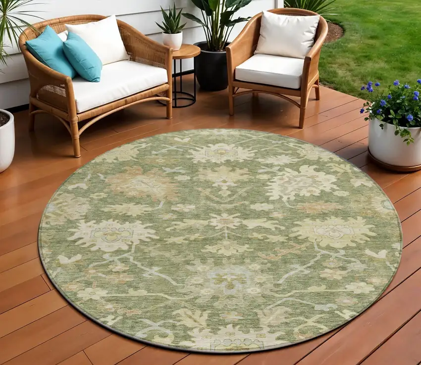8' Artichoke Green Ivory And Tan Round Floral Washable Indoor Outdoor Area Rug Photo 1