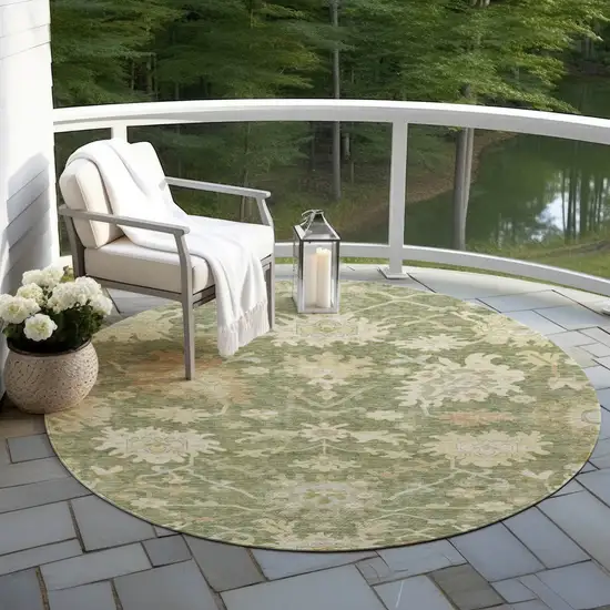 8' Artichoke Green Ivory And Tan Round Floral Washable Indoor Outdoor Area Rug Photo 8