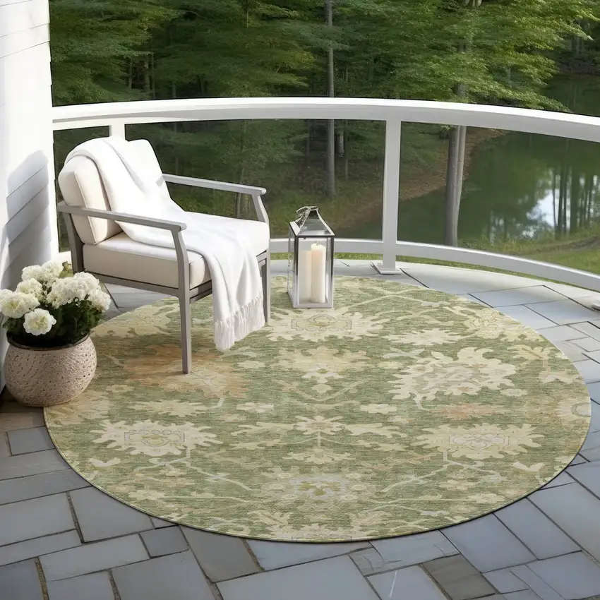8' Artichoke Green Ivory And Tan Round Floral Washable Indoor Outdoor Area Rug Photo 8