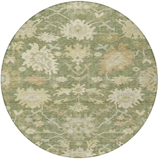 8' Artichoke Green Ivory And Tan Round Floral Washable Indoor Outdoor Area Rug Photo 7