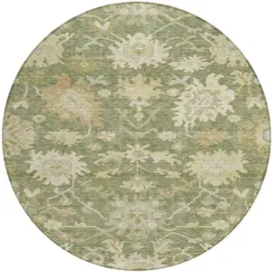 Photo of 8' Artichoke Green Ivory And Tan Round Floral Washable Indoor Outdoor Area Rug