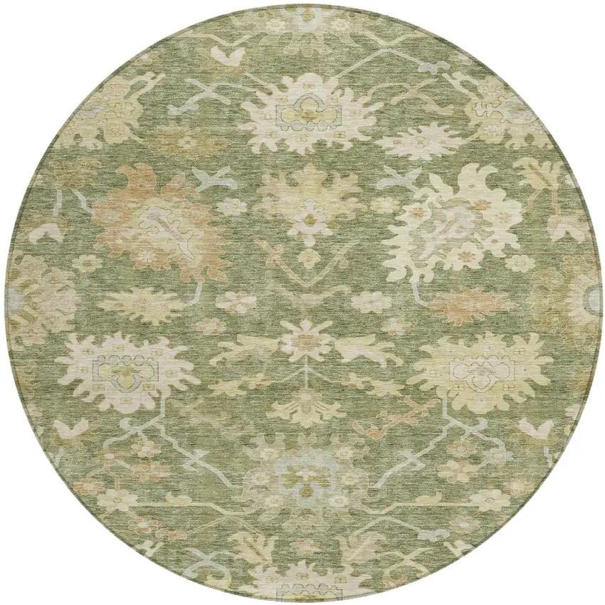 8' Artichoke Green Ivory And Tan Round Floral Washable Indoor Outdoor Area Rug Photo 2