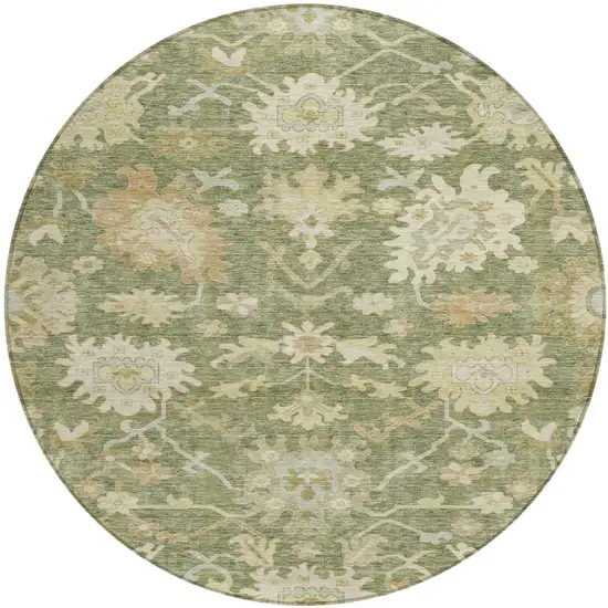 8' Artichoke Green Ivory And Tan Round Floral Washable Indoor Outdoor Area Rug Photo 2