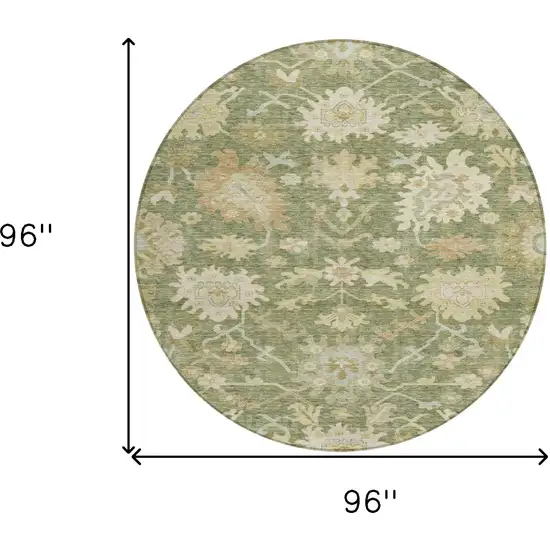 8' Artichoke Green Ivory And Tan Round Floral Washable Indoor Outdoor Area Rug Photo 8