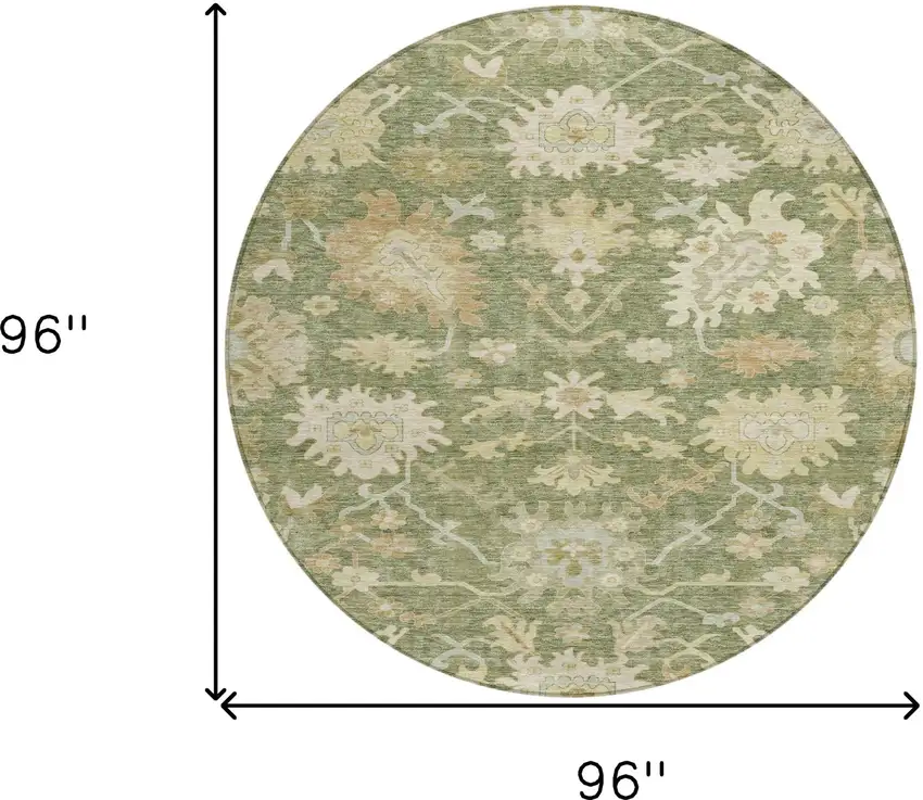 8' Artichoke Green Ivory And Tan Round Floral Washable Indoor Outdoor Area Rug Photo 8