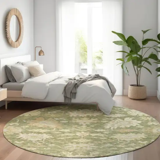 8' Artichoke Green Ivory And Tan Round Floral Washable Indoor Outdoor Area Rug Photo 9