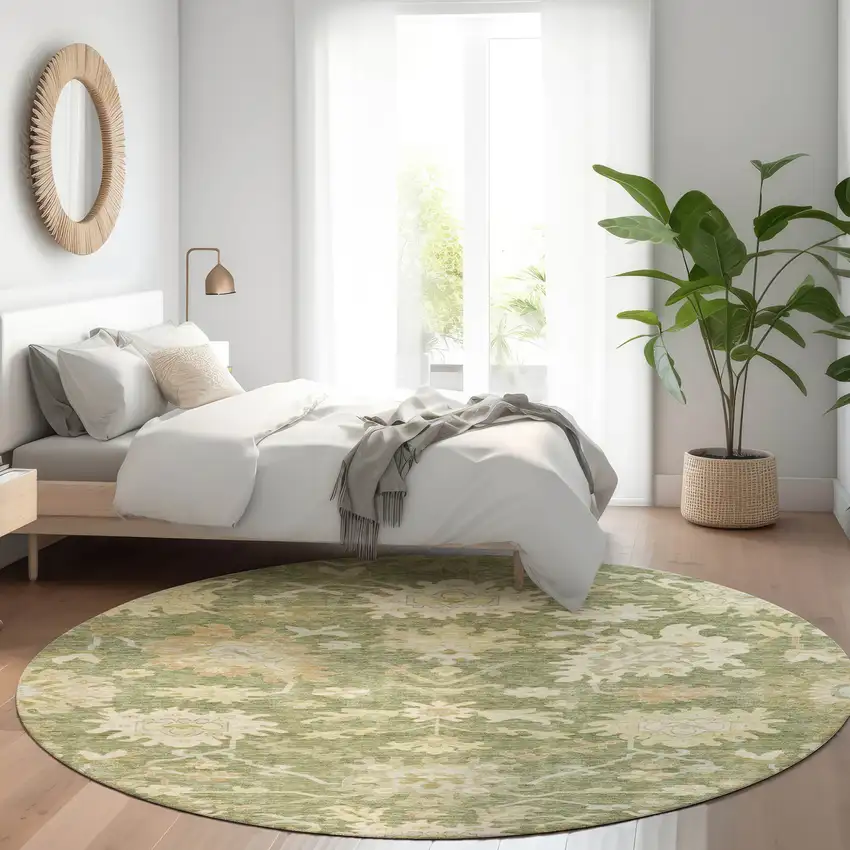 8' Artichoke Green Ivory And Tan Round Floral Washable Indoor Outdoor Area Rug Photo 9