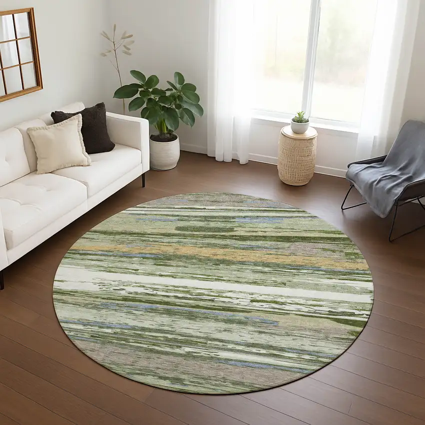 8' Artichoke Green Ivory And Tan Round Striped Washable Indoor Outdoor Area Rug Photo 9