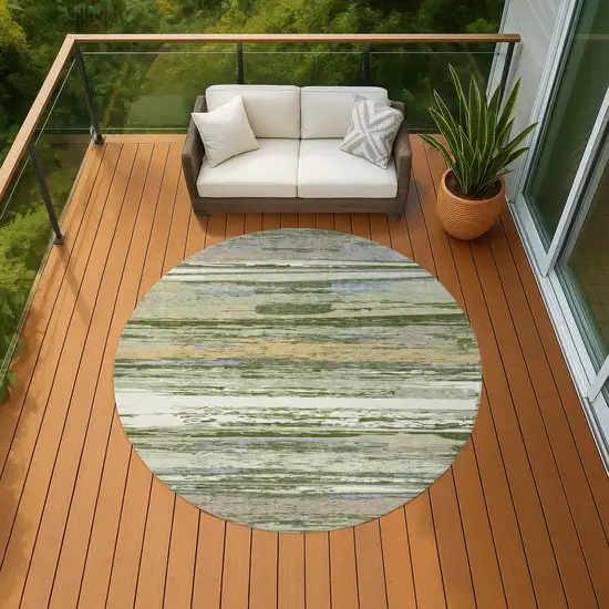 8' Artichoke Green Ivory And Tan Round Striped Washable Indoor Outdoor Area Rug Photo 8